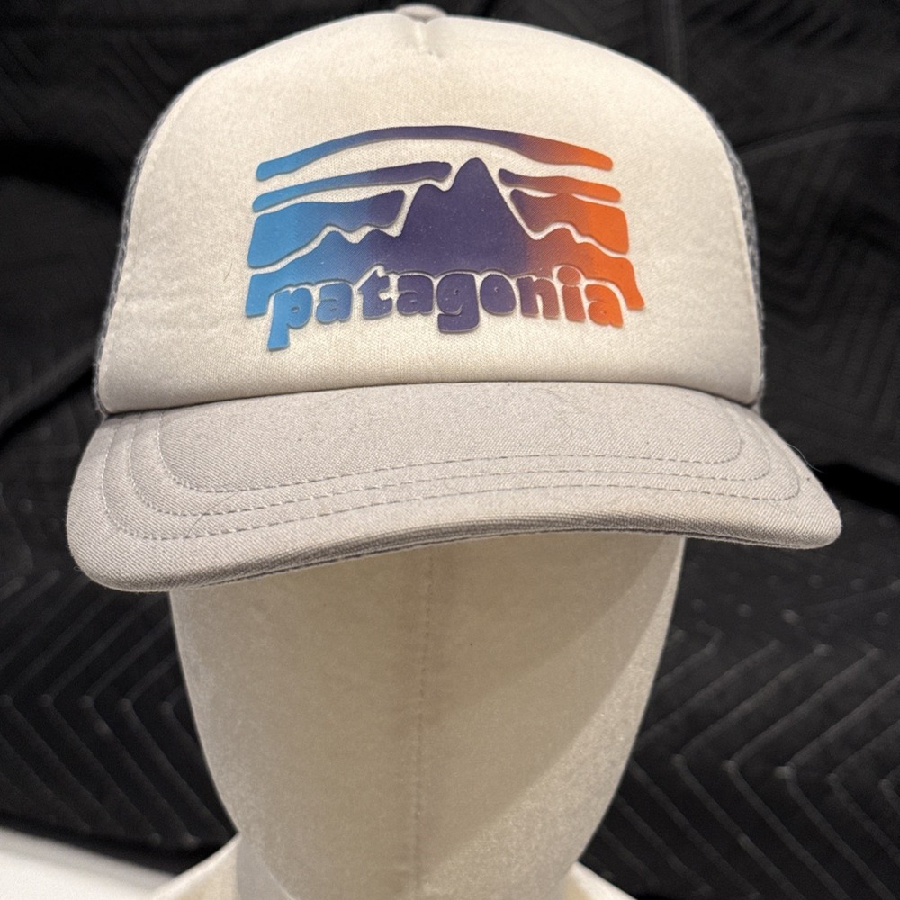 Patagonia Logo Trucker Hat / Baseball Cap / White Front And Colorful Logo, Gray